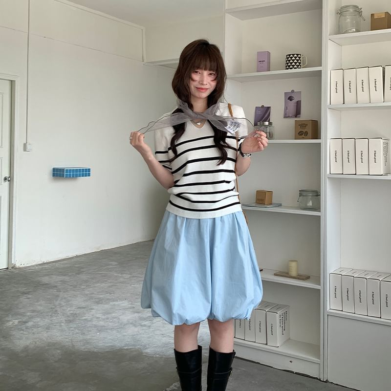 Striped V-Neck Short-Sleeve Knit