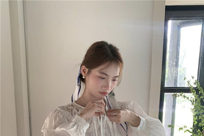 Long Sleeve Tie Neck Plain Panel Lace Blouse