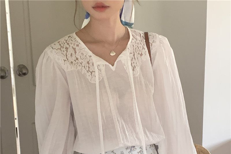 Long Sleeve Tie Neck Plain Panel Lace Blouse