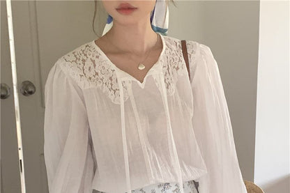 Long Sleeve Tie Neck Plain Panel Lace Blouse