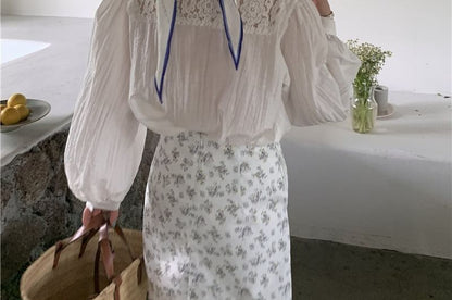 Long Sleeve Tie Neck Plain Panel Lace Blouse