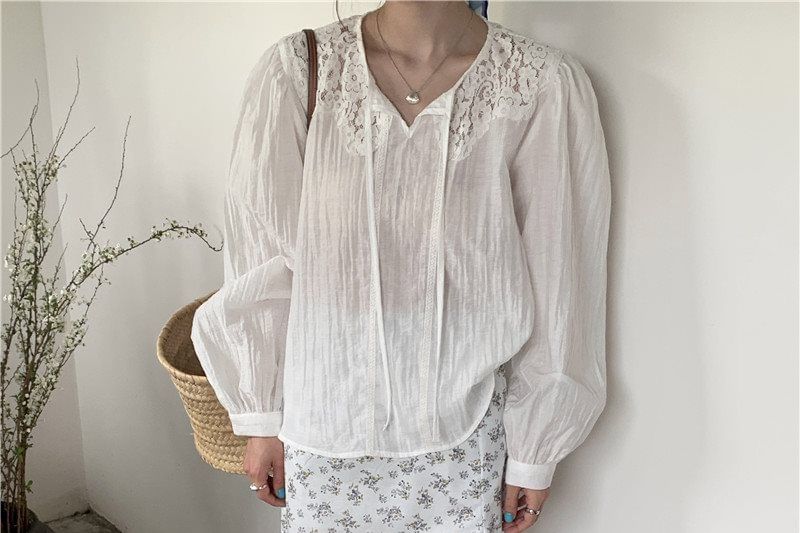 Long Sleeve Tie Neck Plain Panel Lace Blouse