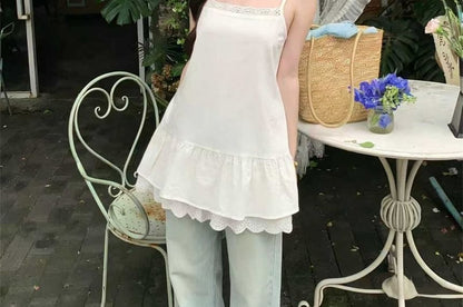 Plain Ruffle Lace Trim Camisole Top