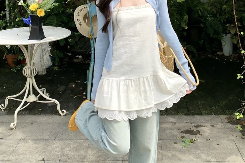 Plain Ruffle Lace Trim Camisole Top