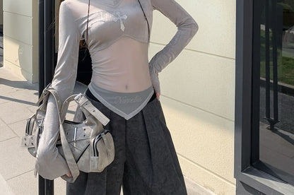 Sheer Asymmetrical V-Neck Crop Top with Long Sleeves