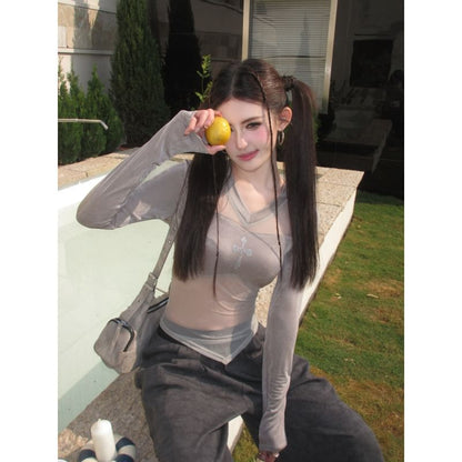 Sheer Asymmetrical V-Neck Crop Top with Long Sleeves