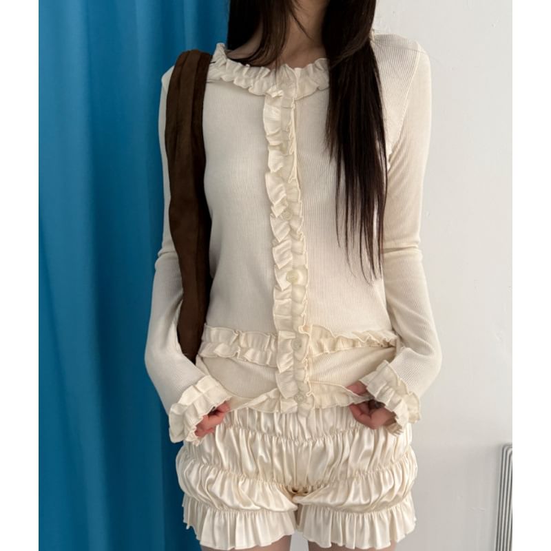 Frilled Long-Sleeve Button Blouse with Plain Finish