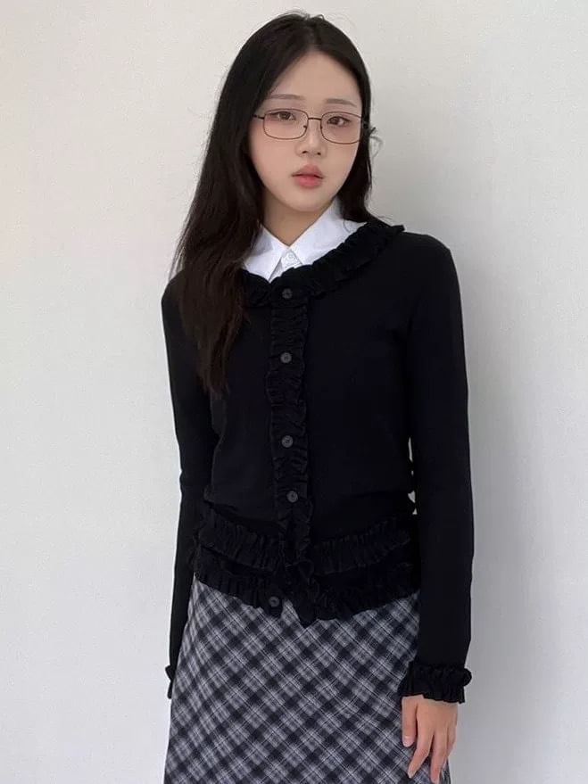 Frilled Long-Sleeve Button Blouse with Plain Finish