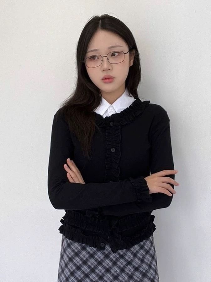 Frilled Long-Sleeve Button Blouse with Plain Finish