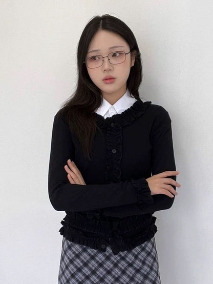 Frilled Long-Sleeve Button Blouse with Plain Finish