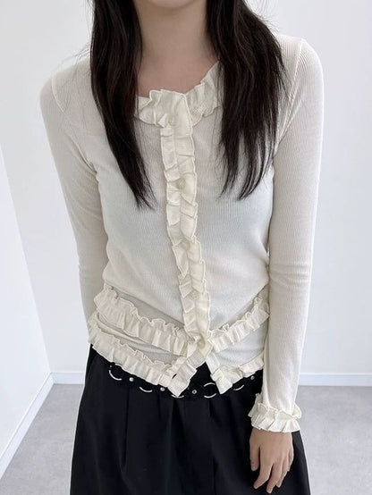 Frilled Long-Sleeve Button Blouse with Plain Finish