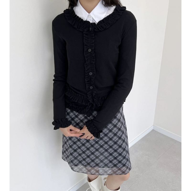 Frilled Long-Sleeve Button Blouse with Plain Finish