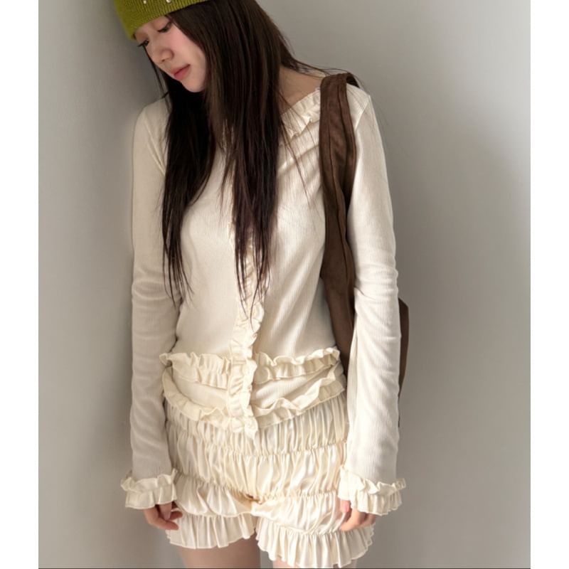 Frilled Long-Sleeve Button Blouse with Plain Finish