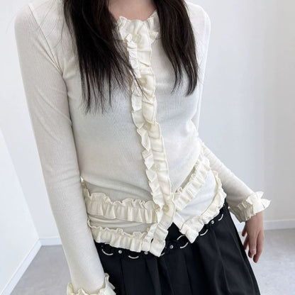 Frilled Long-Sleeve Button Blouse with Plain Finish