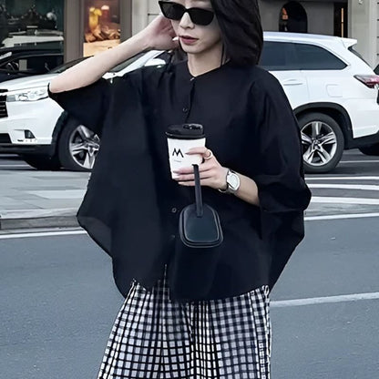 Sheer 3/4-Sleeve Collared Top