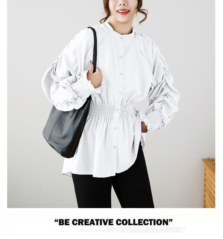Ruché Stand-Collar Long-Sleeve Blouse