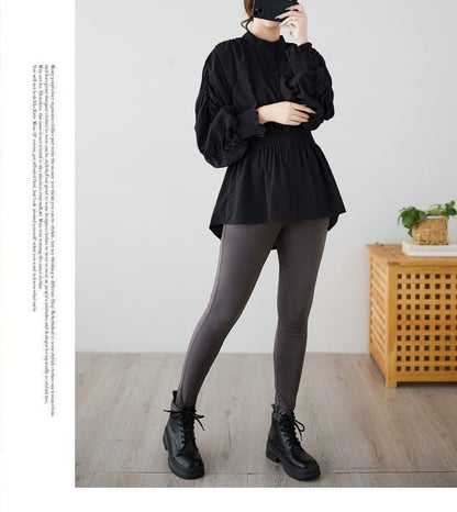 Ruché Stand-Collar Long-Sleeve Blouse