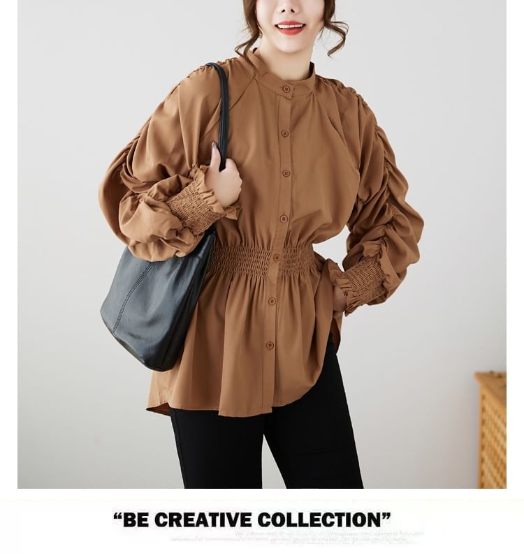 Ruché Stand-Collar Long-Sleeve Blouse