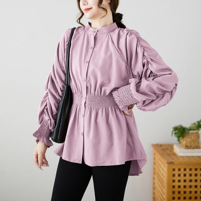 Ruché Stand-Collar Long-Sleeve Blouse