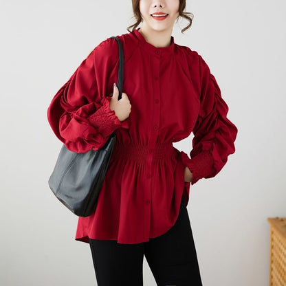 Ruché Stand-Collar Long-Sleeve Blouse