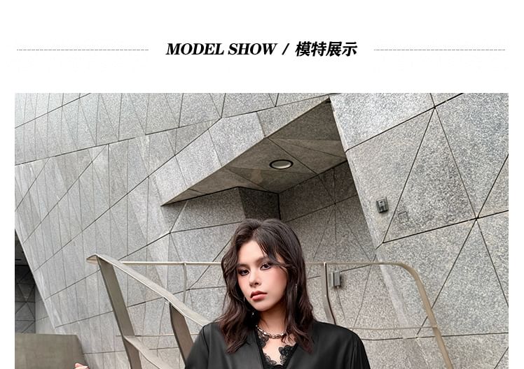 Long-Sleeve V-Neck Satin Plain Blouse
