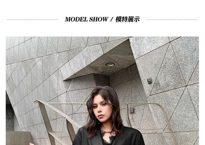 Long-Sleeve V-Neck Satin Plain Blouse