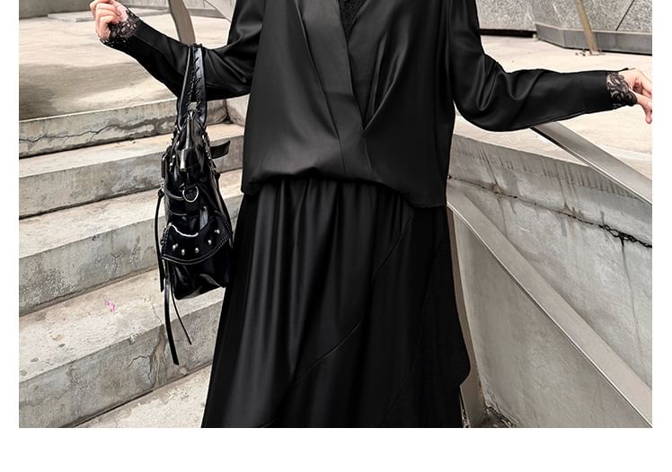 Long-Sleeve V-Neck Satin Plain Blouse