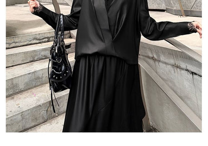 Long-Sleeve V-Neck Satin Plain Blouse