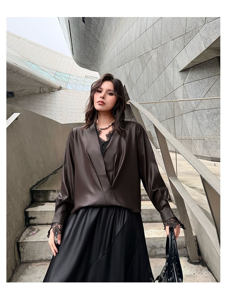 Long-Sleeve V-Neck Satin Plain Blouse