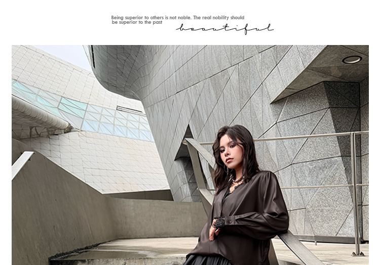 Long-Sleeve V-Neck Satin Plain Blouse