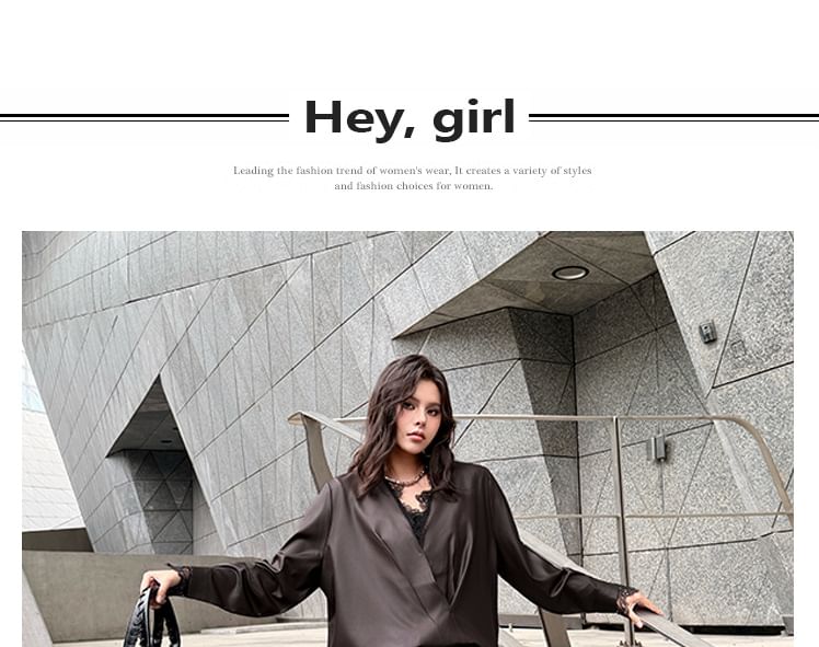Long-Sleeve V-Neck Satin Plain Blouse