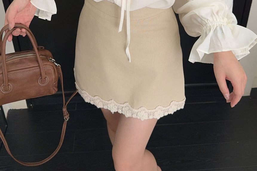 Long-Sleeve Ruffle Trim Blouse / Lace Trim Vest / Mid Rise Mini A-Line Skirt / Set