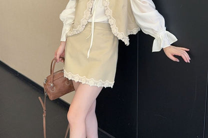 Long-Sleeve Ruffle Trim Blouse / Lace Trim Vest / Mid Rise Mini A-Line Skirt / Set