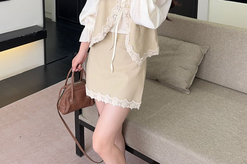 Long-Sleeve Ruffle Trim Blouse / Lace Trim Vest / Mid Rise Mini A-Line Skirt / Set