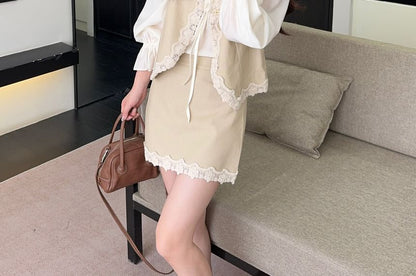 Long-Sleeve Ruffle Trim Blouse / Lace Trim Vest / Mid Rise Mini A-Line Skirt / Set
