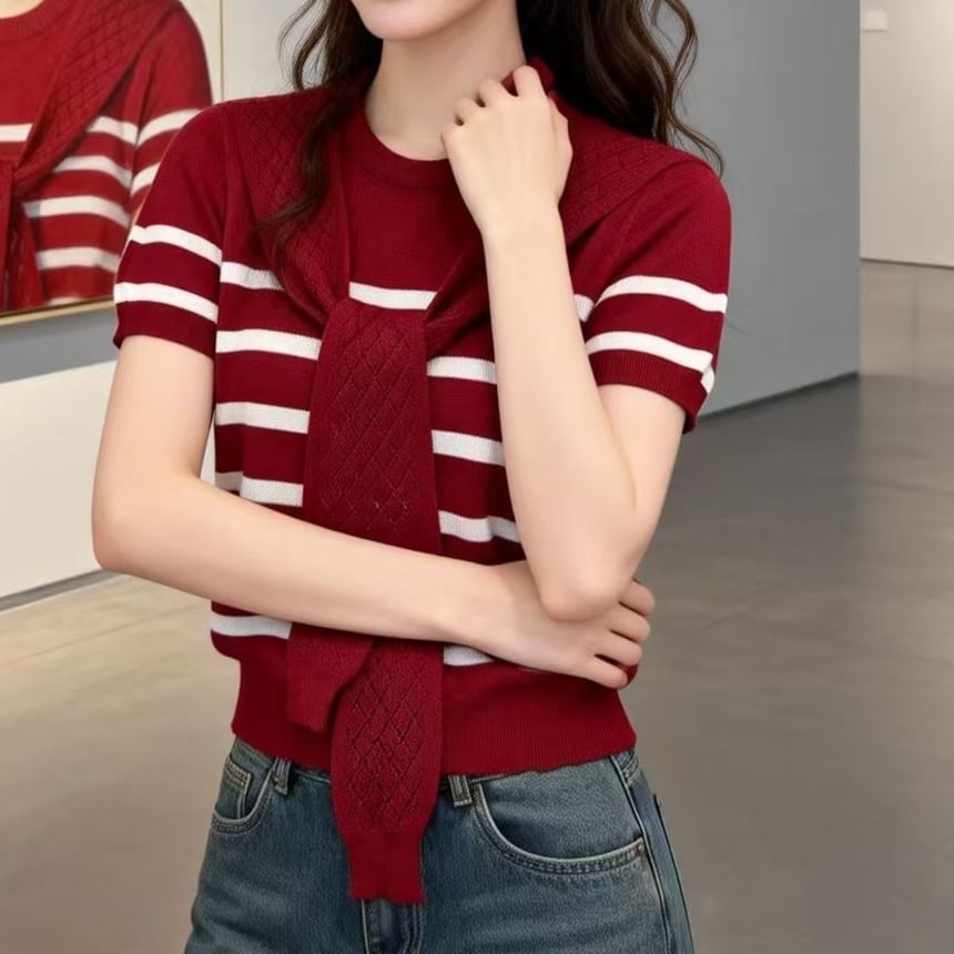Striped Mock-Neck Short-Sleeve Knit