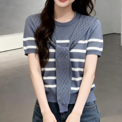 Striped Mock-Neck Short-Sleeve Knit