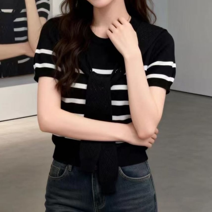 Striped Mock-Neck Short-Sleeve Knit