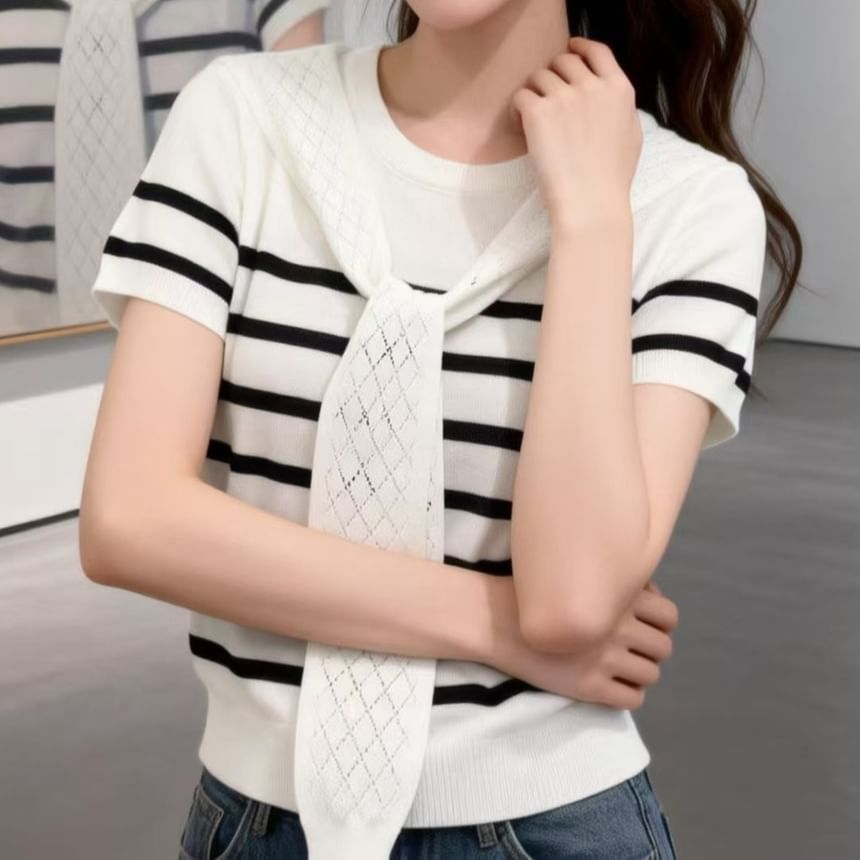 Striped Mock-Neck Short-Sleeve Knit