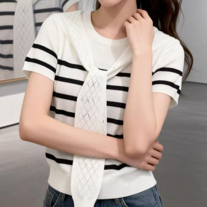 Striped Mock-Neck Short-Sleeve Knit