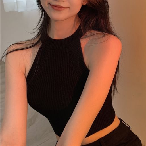 Ribbed Cropped Halter Knit