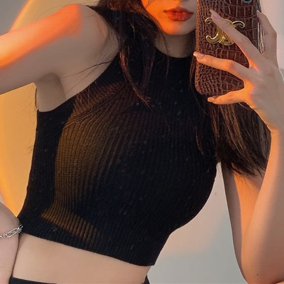 Ribbed Cropped Halter Knit