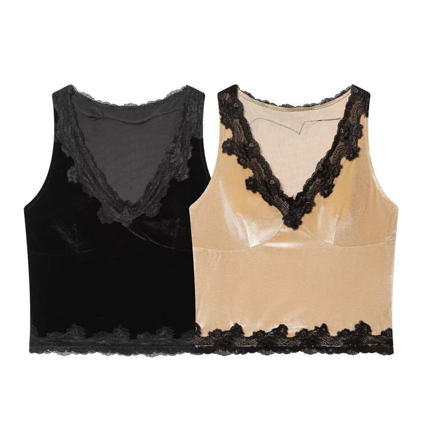 Lace-Trim V-Neck Cropped Tee