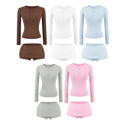 Long-Sleeve Buttoned Tee with Hot Pants