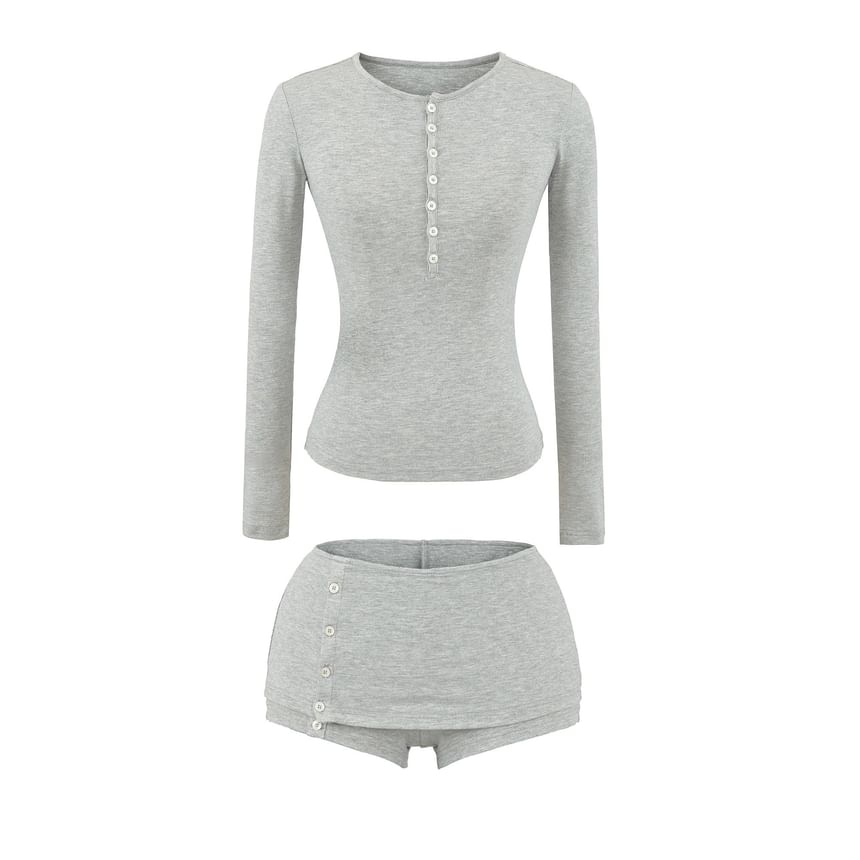 Long-Sleeve Buttoned Tee with Hot Pants