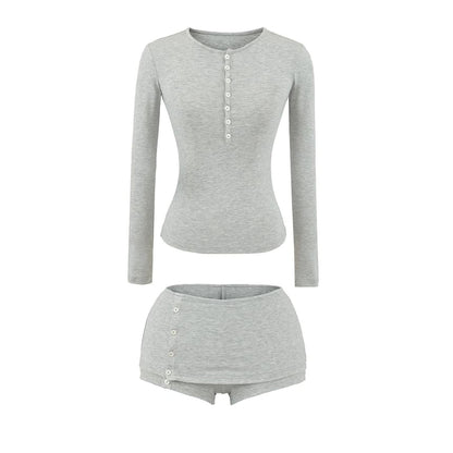 Long-Sleeve Buttoned Tee with Hot Pants
