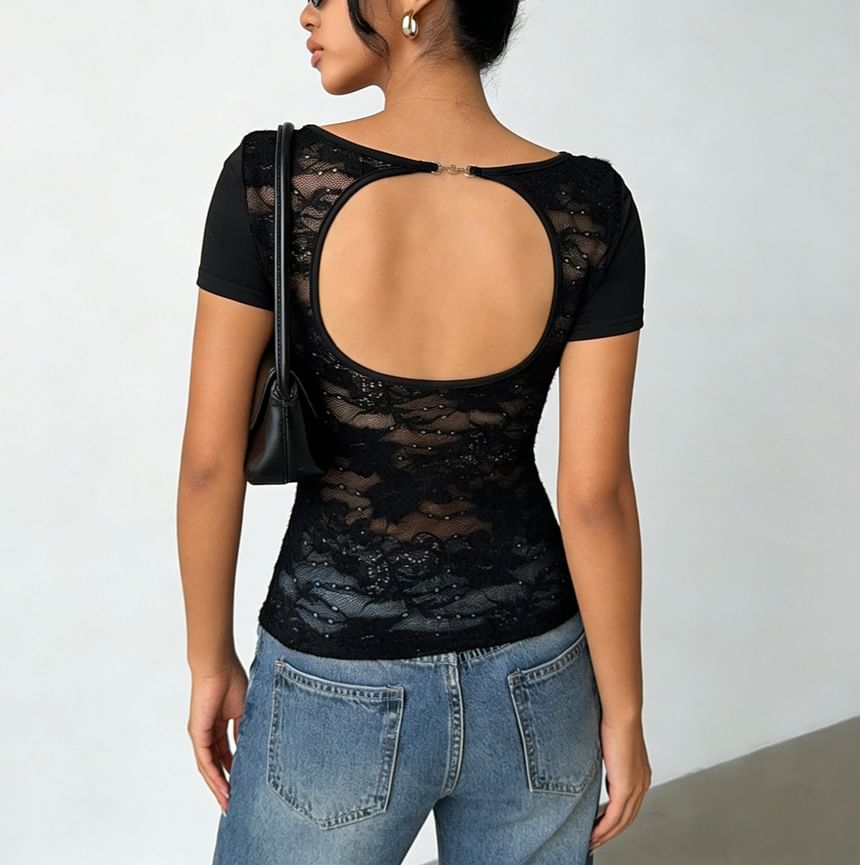 Short Sleeve Lace Panel See-Through Open-Back Slim-Fit Top