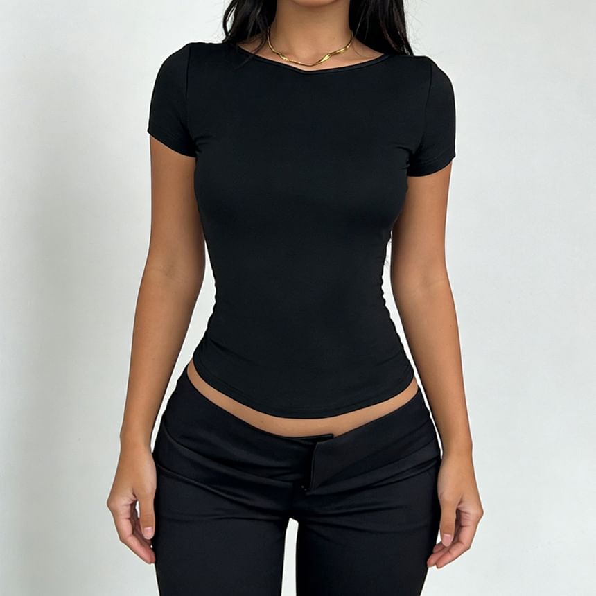 Short Sleeve Lace Panel See-Through Open-Back Slim-Fit Top