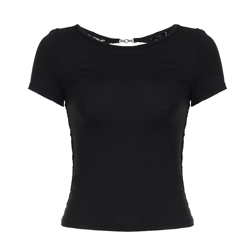 Short Sleeve Lace Panel See-Through Open-Back Slim-Fit Top