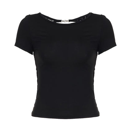 Short Sleeve Lace Panel See-Through Open-Back Slim-Fit Top
